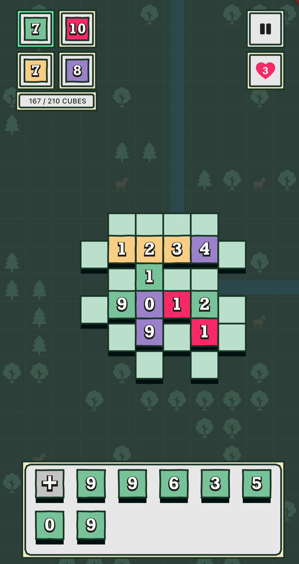 CubeRoots Ivy screenshot. CubeRoots Ivy gameplay: numbered pastel cubes forming vines on a puzzle board, with the player's hand of cubes below.